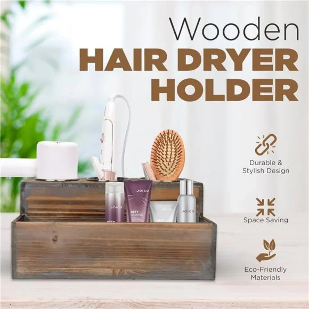 Wooden Hair Dryer Holder – Hair Tools and Styling Supplies Organizer and Storage